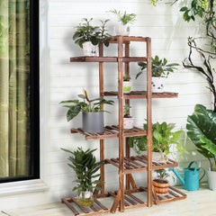 6 Tier Wooden Plant Stand Carbonized Wood Plant Stand Holder Flower Display Stand