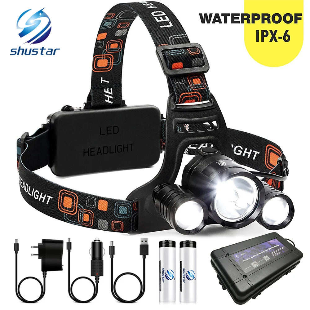 Super Bright 3 Lights LED Headlamp Waterproof Headlight Fishing Lamp 4 Lighting Modes