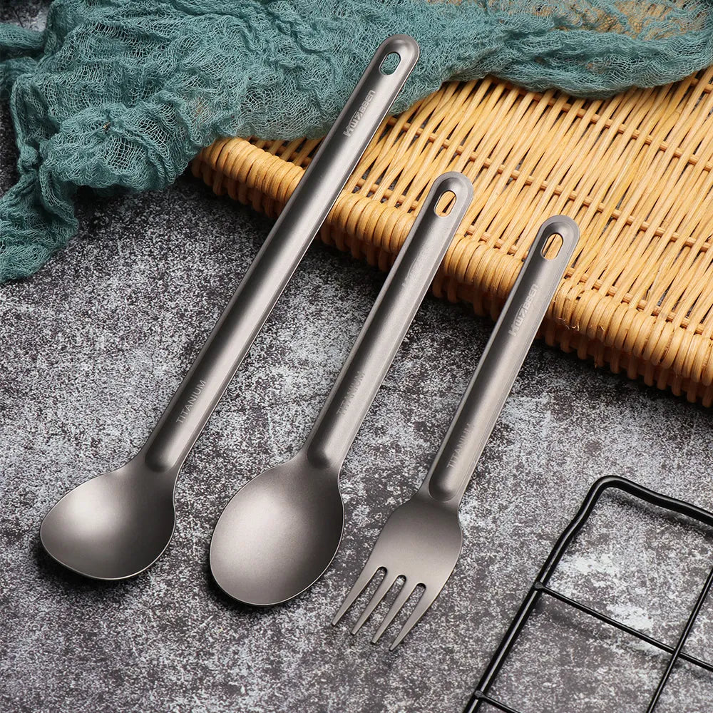1Pc Portable Ultralight Titanium Tableware Long Handle Spoon Fork Outdoor Camping
