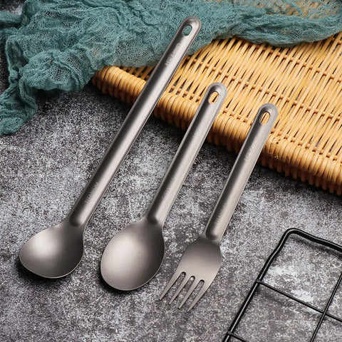 1Pc Portable Ultralight Titanium Tableware Long Handle Spoon Fork Outdoor Camping