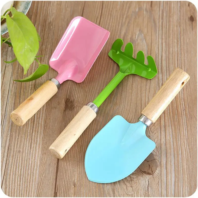 3Pcs Kids Candy Color Garden Tools Mini Metal Trowel with Wooden Handle Gardening