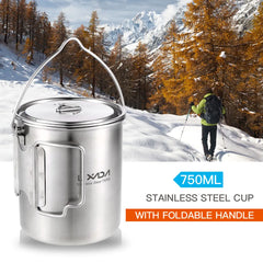 Lixada 750ml Stainless Steel Pot Portable Water Mug Cup with Lid and Foldable Handle