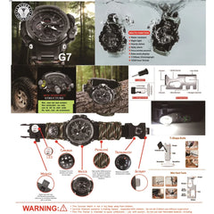 Outdoor Survival watch Night Vision Tactical Survive paracord Alarm Compass Whistle