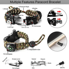 Outdoor Survival Paracord SOS LED Light Emergency Knife Whistle Compass Outdoor