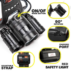 Super Bright 3 Lights LED Headlamp Waterproof Headlight Fishing Lamp 4 Lighting Modes