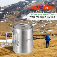Lixada 750ml Stainless Steel Pot Portable Water Mug Cup with Lid and Foldable Handle