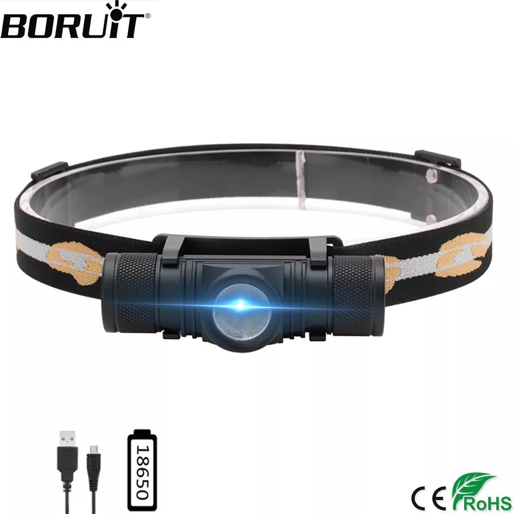 BORUiT D10 L2 LED Headlamp Powerful 3000LM Waterproof Headlight USB Rechargeable