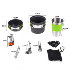 Camping Cookware Mess Kit Mini Stove, Bracket Knife Fork Spoon, Stainless Steel Cup
