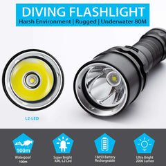 Super bright Diving Flashlight IP68 highest waterproof rating Professional diving light