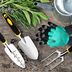 Garden Tool Set 4 Pack With Trowel, Cultivator Hand Rake, Transplant Trowel, Gardening