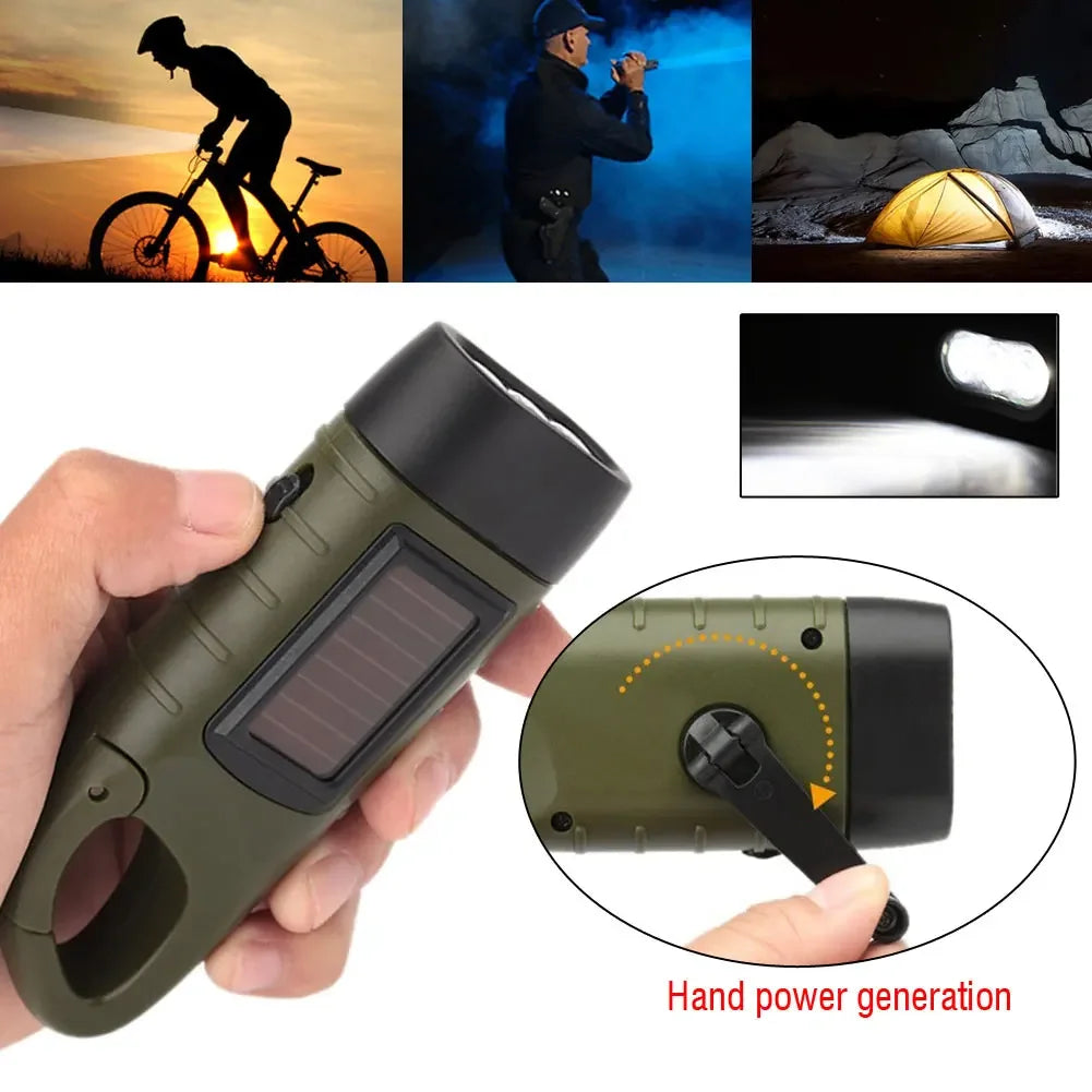 Solar Powered Flashlight Hand Crank Dynamo Rechargeable LED Light Lamp Charging