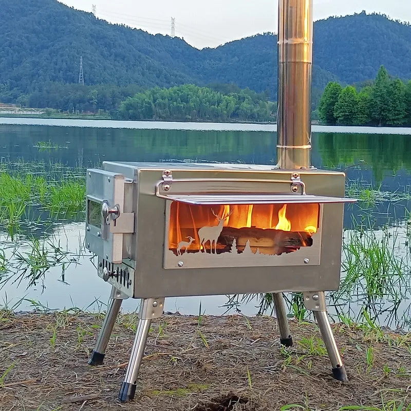 Stainless Steel Firewood Heating Stove Glass Window View Camping Heating Tent Wood