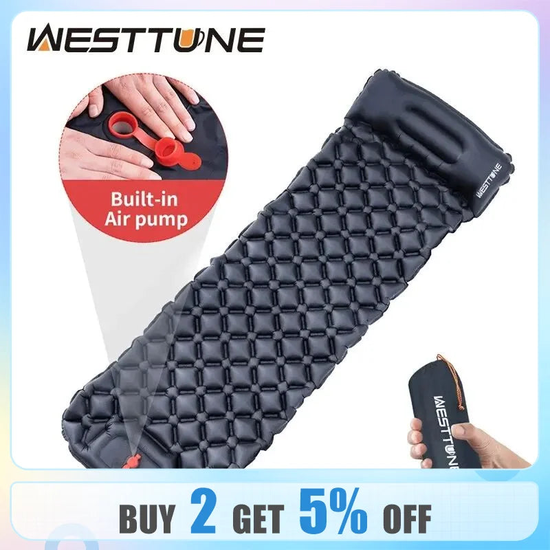 WESTTUNE Camping Inflatable Mattress Ultralight Outdoor Sleeping Pad with Pillow