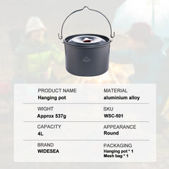 Widesea 4L Camping Hanging Pot Cookware Outdoor Bowler Tableware 4-6 Persons