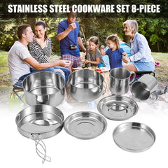 8pcs/set Stainless Steel Outdoor Camping Cookware Set Portable Ultralight Picnic Hiking