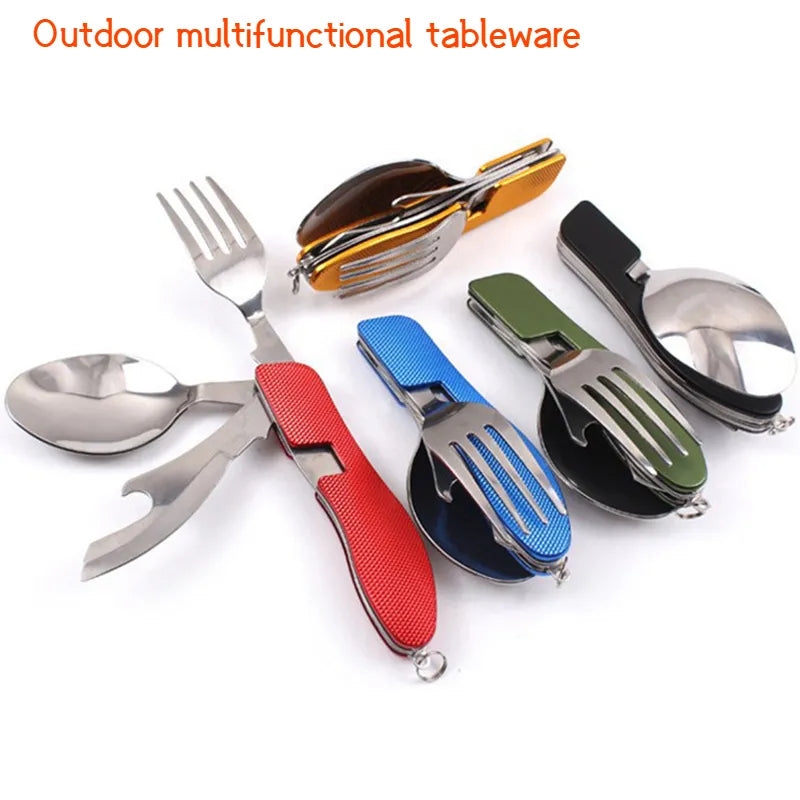 4 In 1 Multifunctional Outdoor Camping Picnic Tableware Foldable Spoon Knife Fork Bottle